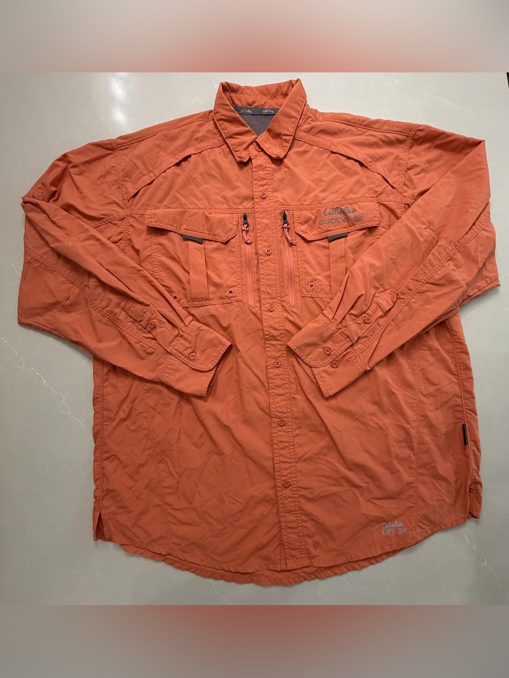 Cabela’s Guidewear Vented Fishing Shirt Orange LS UPF 50, est Large